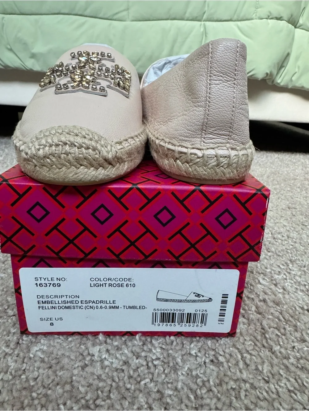 BRAND NEW Tory Burch Light Rose Leather Crystal-Embellished Espadrille Slip-Ons